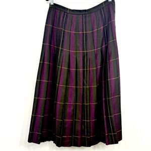 Premiere Green Burgundy Plaid 100% Wool Vintage Dark Academia Pleated Midi Skirt